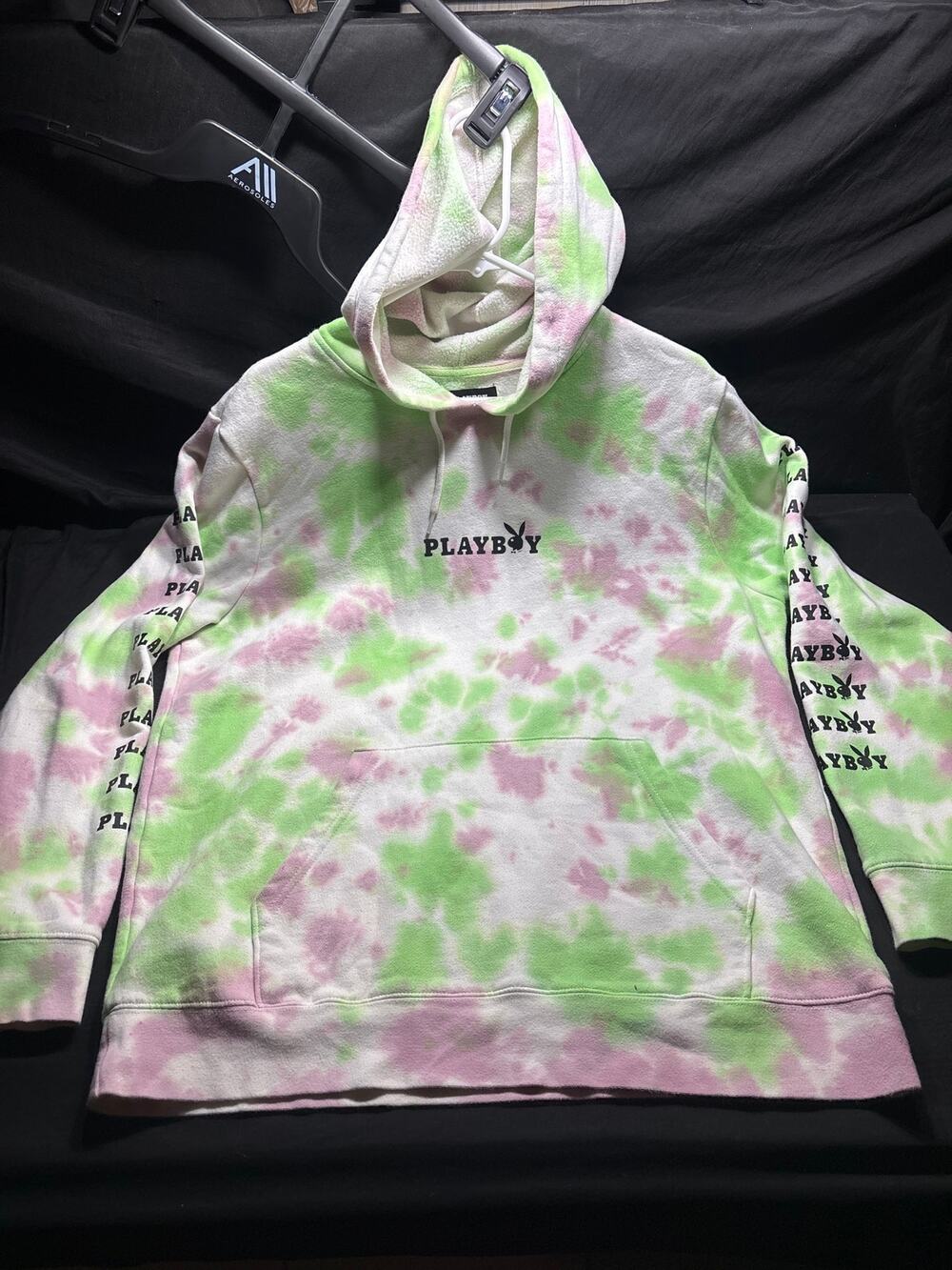 Playboy PacSun Tie Dye Hoodie Mens Medium Pastel Green Pink Bunny Logo Pullover